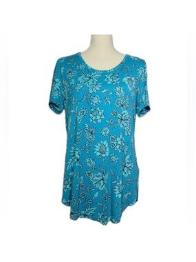 JM Collection Turquoise Floral Tunic Top M Short Sleeve Boho Casual Blouse